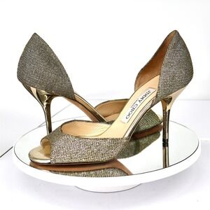 Jimmy Choo Logan Glitter D'Orsay Peep Toe Heels Champagne Gold Size EU 36